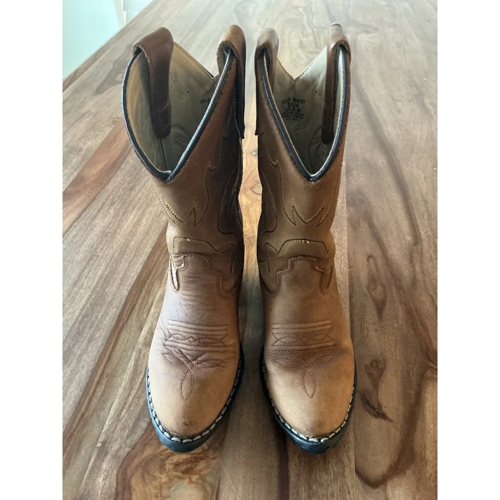 Old West Kids Leather Cowboy Boots Tan Brown Western Stitch 8129 Size 10D